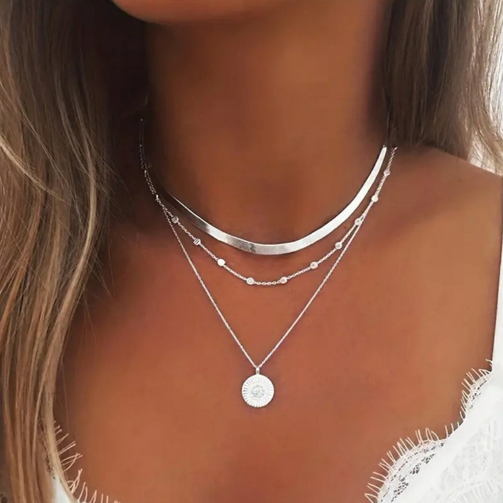 NEW Silver Multi-layer Necklace with Lotus Pattern Pendant Boho Hippie V…